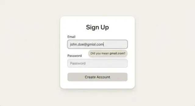 Email typo detection: fix gmail.con before users submit